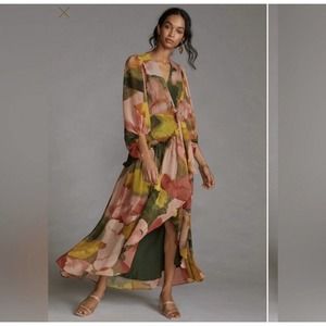 Hutch Nina Geo Abstract Wrap Watercolor Maxi Puff Sleeve Dress size large